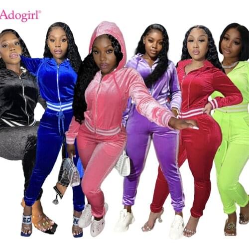 Adogirl Stripe Velvet Women Tracksuit Autumn Winter Fashion Casual Two Piece Set Zipper Long Sleeve Hooded Coat Pants Sportswear