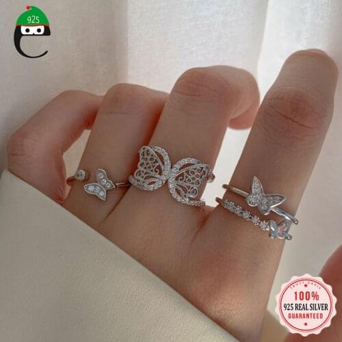 ElfoPlataSi Fashion 925 Sterling Silver Sweet Butterfly Twinkling CZ Opening Ring For Women Wedding Engagement Jewelry DD1268