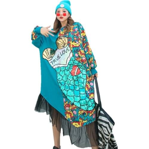 Women Street Fashion Mermaid pattern sequins Dress O-Neck Loose Mesh Patchwork Oversize Long Sleeve Dresses Autumn