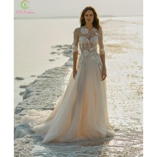 SSYFashion New Long Evening Dress O-neck Court Train Half Sleeve Appliques Sequins Beading Beach Formal Gowns Vestido De Novia