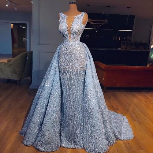 A-Line Scoop Evening Dress Light Sky Blue Sleeveless Tulle Beaded Sequined Rhinestone Formal Dress Full-Length Prom Dress Zipper