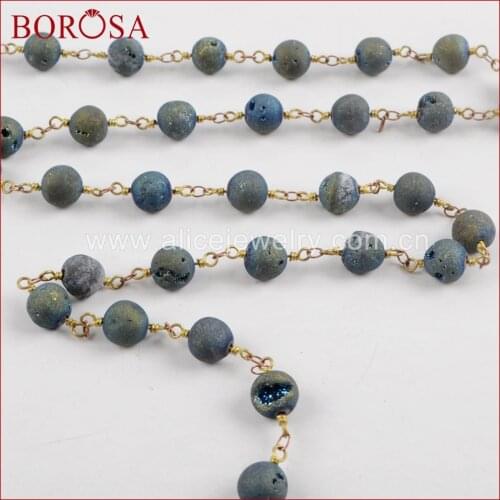 BOROSA 5Meters 8mm Round Peacock Blue Stone Titanium Druzy Beaded Chains Brass Chain for Necklace Jewelry Findings JT200