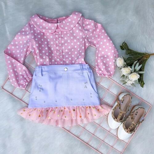 CANIS Toddler Baby Kids Girls Long Sleeve Polka Dot Top T-Shirt+Lace Patchwork Dress Outfits Set Clothes