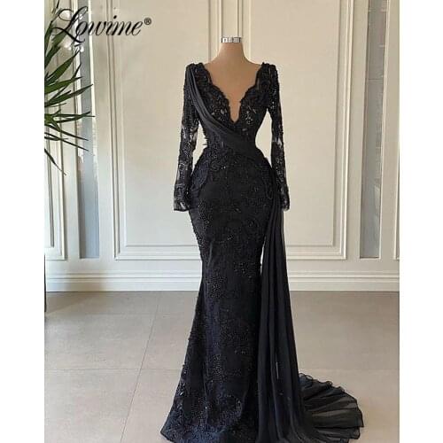 Beading Black Dubai Evening Dresses Long Sleeves Lace Muslim Formal Prom Gowns Dresses For Women Party Customized Mermaid Dress