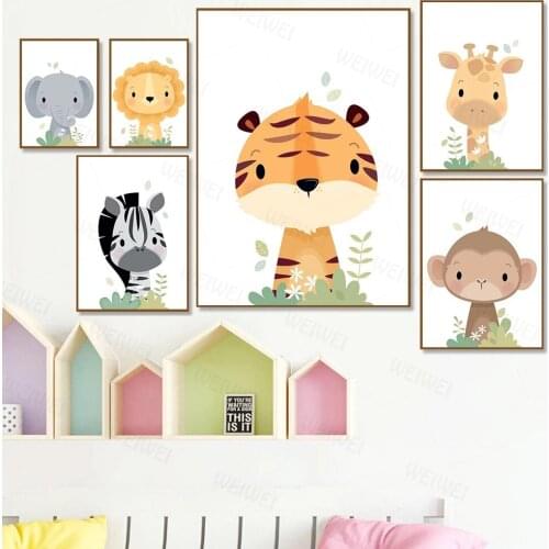 Jungle Animals Canvas Print Giraffe Elephant Zebra Nursery Wall Art Poster Paintings Nordic Safari Wall Pictures Baby Room Deocr