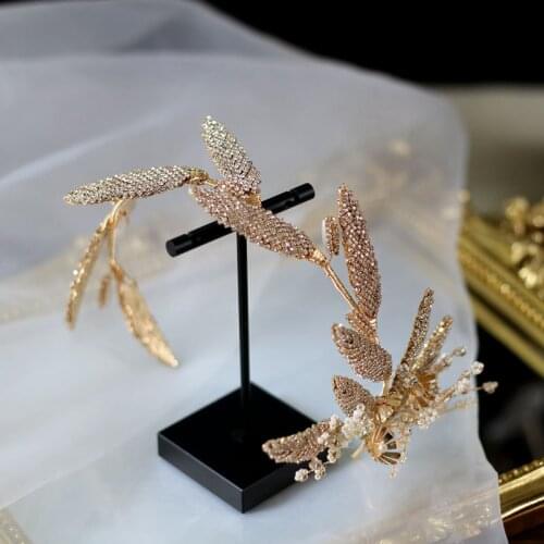 Bride Elegant crystal Hairband earrings Gold Retro Leaves Head piece Luxury Wedding hair Accessories