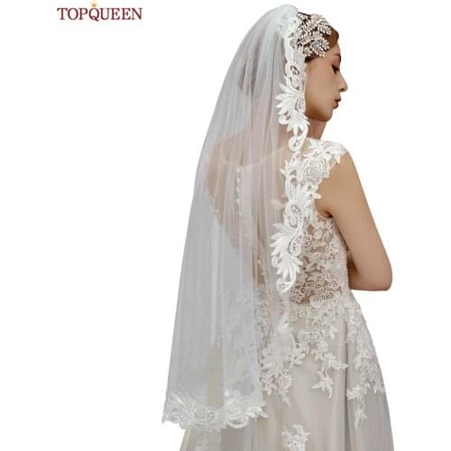 TOPQUEEN V81 White Ivory Wedding Bridal Veils For Prom Short Affordable Wedding Veils Lace With Comb Tulle Embroidered Bride