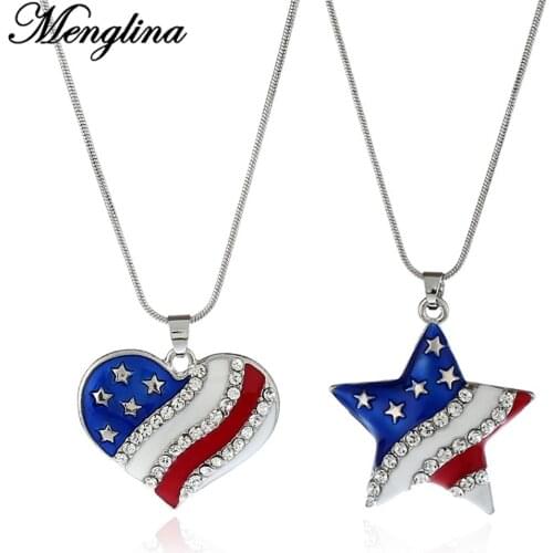 Menglina Fashion Metal Crystal American Flag Pendant Necklace For Women Girls Star Heart Chain Necklaces & Pendants Collier