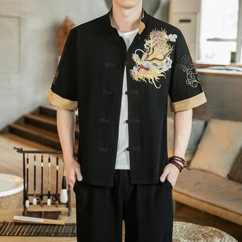 Mens Chinese Style Embroidered Dragon Shirt Blouses Button Front Half Sleeve Summer