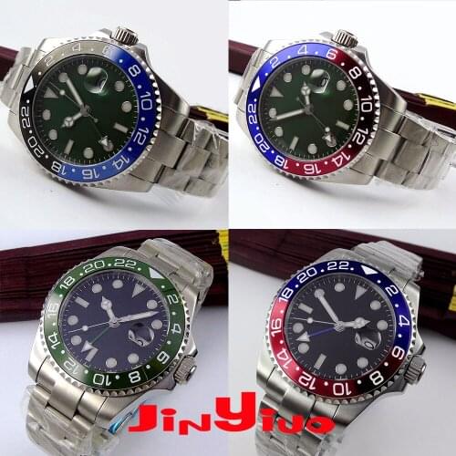 Blue Face Automatic Mens Watch 40mm GMT Function Date Magifier SS Strap Bracelet Clasp Green Bezel