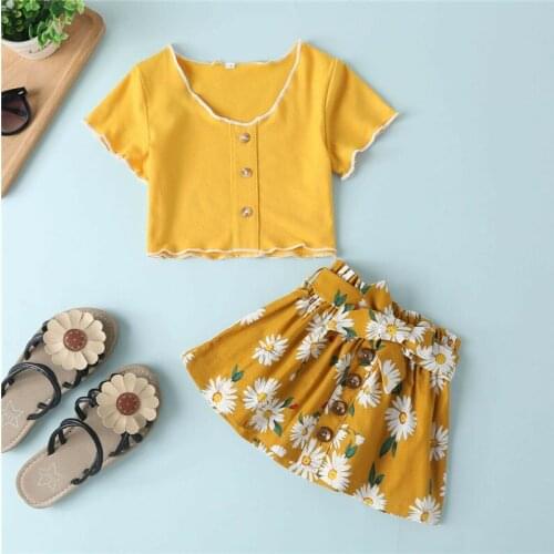 2020 New Brand 2PCS Baby Girl Kids Short Sleeve Button Crop Tops + Short Floral Skirt Summer Outfit Clothes