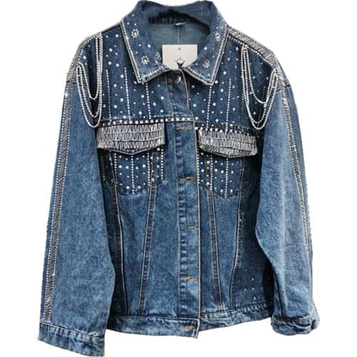 2021 new fashion heavy industry beaded diamond denim jacket women chain straight loose jeans coat