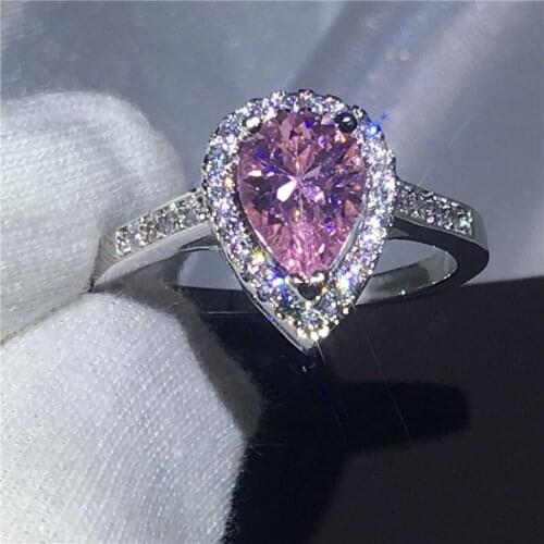 Handmade Jewelry Silver color Engagement wedding band rings for women Pear cut 3ct Pink AAAAA zircon crystal Bijoux