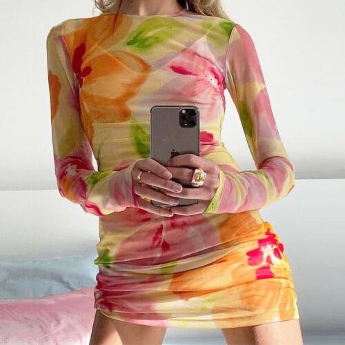 Y2k Mesh 2021 Floral Print Long Sleeve bodycon Dress Women Sexy See Through Summer Spring Y2K Beach Party Mini Bodycon Dresse