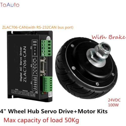 Brand New 24VDC 100W 4" Wheel Hub Servo System, CAN bus Port Drive+Motor Kits Hub Motor with Brake for Robot AGV Car Load 50Kg