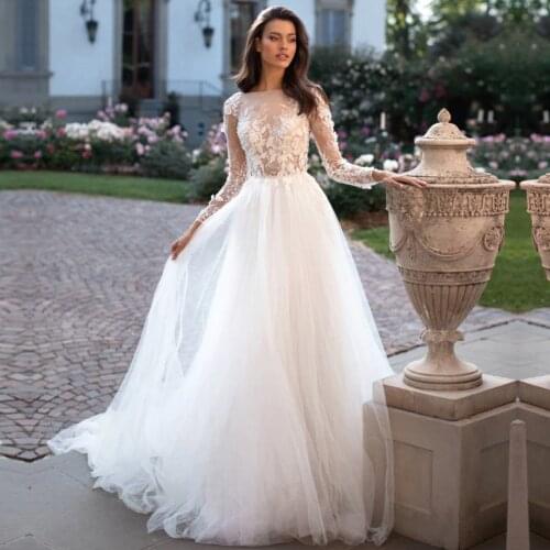 Long Sleeve A Line Wedding Dresses 2020 Lace Appliques Bride Dress Button Custom Made Vestido De Noiva Free Shipping with Train