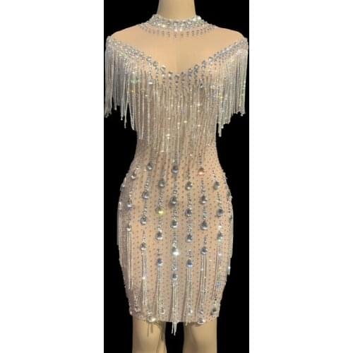 In stock Crystals Fringes Mesh See Through Dress Birthday Party Prom Event Rhinestones Dress Bar Nightclub Outfit Stage Costume