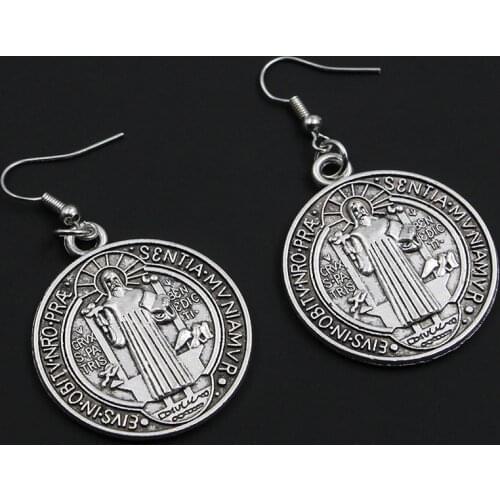 VILLWICE Vintage St. Benedict Medal Earrings Women Zinc Alloy Cross Pray Dangle Earrings Catholic Jewelry Gift
