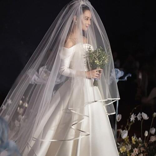 Vintage Long Veil Wedding Accessories Bridal Ivory Marriage Stole Met Zilveren Zoom Ribbon Edge фата для невесты