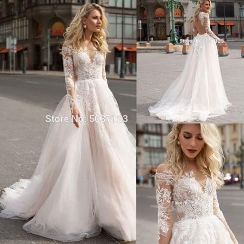 Fascinating Lace Appliques Long Sleeves Wedding Dresses 2020 A Line Sheer Scoop Neckline Open Back Floor Length Bridal Gowns