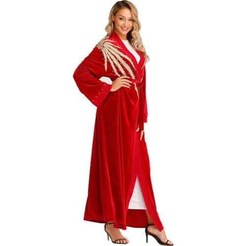BianFeng Womens Ramadan Kaftan Dubai Abaya Muslim Abaya Dress Stitching Pearl Cardigan Long-Sleeved Gold Velvet Embroidery Robe
