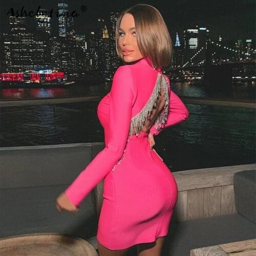 Ladies Sexy Evening Dress Mini Dress Tight Bandage Halter Fringe Rhinestone High Neck Skinny Slim