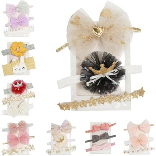 10set/lot Infant Children Hair Band Three-dimensional Rhinestone Crown Headdress Newborn Girl Mesh Bow Elastic Headband Turban