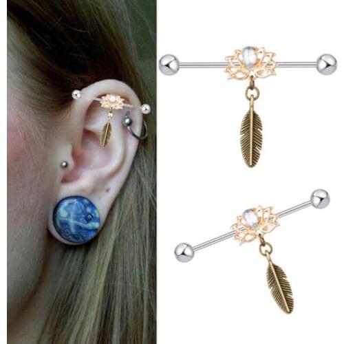 2PCS Lotus Ear Barbell Scaffold Industrial Ear Cartilage Helix Upper Earring 1.6*38 Dangle Industrial Barbell Piercing