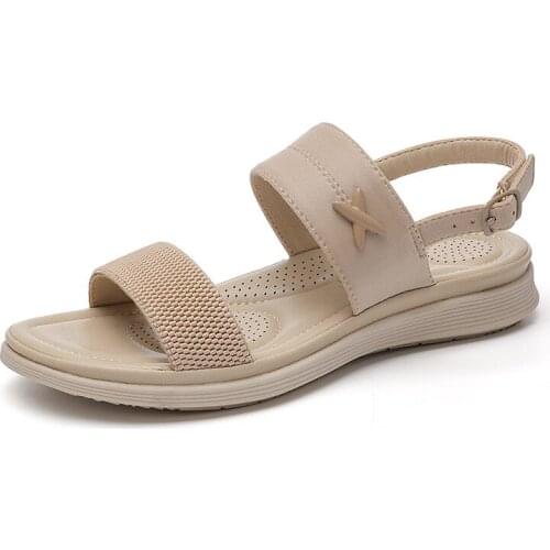 2021 New Summer Women Sandals Genuine Leather Solid Peep Toe Flat Shoes Woman Casual Slip-on Flat Sandals Beach Shoes Plus Size