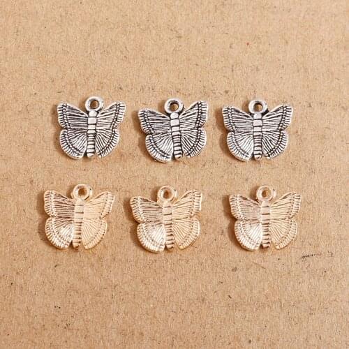 50pcs Plated Metal Charms Butterfly Animals Necklaces Pendants Vintage Gold Silver Color Charms Tibetan Jewelry Findings 12*13mm