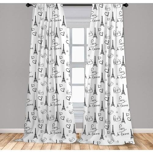 White Black Paris Window Curtains World Capital City of Love French European Hand Drawn Sketch Lightweight Decorative