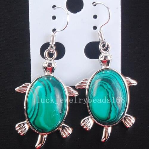 Free Shipping Women Fashion Jewelry 21x32mm Green Malachite Turtle Bead Dangle Earrings Pair C4178