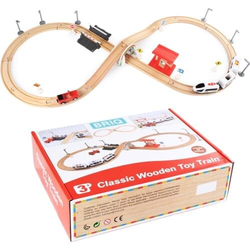 Childrens electric wooden car track white 3 electric car set electric magnetic train compatible track Brio track