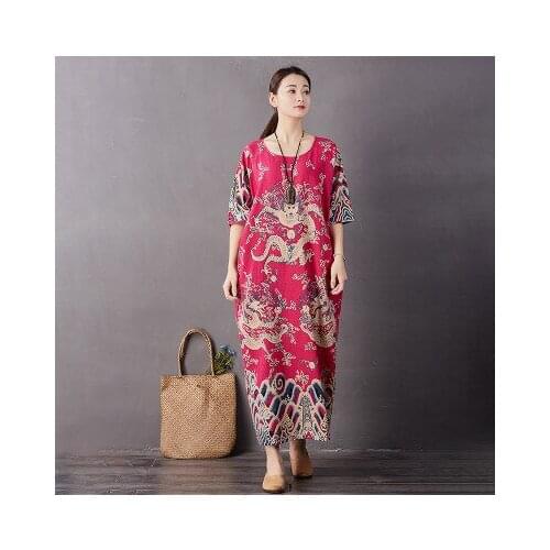 Dragon Totem Print Cotton and Linen Loose Retro Long Dress