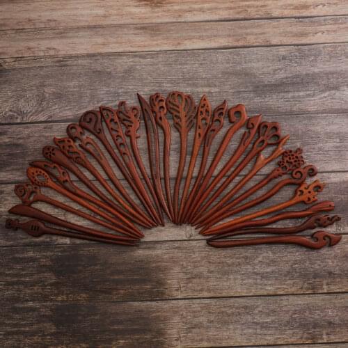 FORSEVEN Vintage Coiled Hair Sticks Hand-Carved Red Sandalwood Hairpins Wooden Headpeice Women Headdress Hair Accessories JL