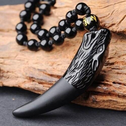 Jadery Wolf Tooth Necklace for Men, Mens Necklace Pendant Amulet Teeth Necklaces Natural Black Obsidian Gemstone Crystal Jewelry