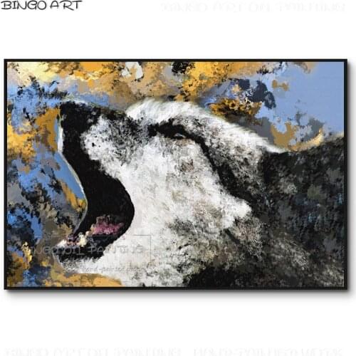 Unframed Hand-painted Howling Wolf Oil Painting Fashion Wall Design Abstract Animal Wolf Oil Painting for Living Room Decoration