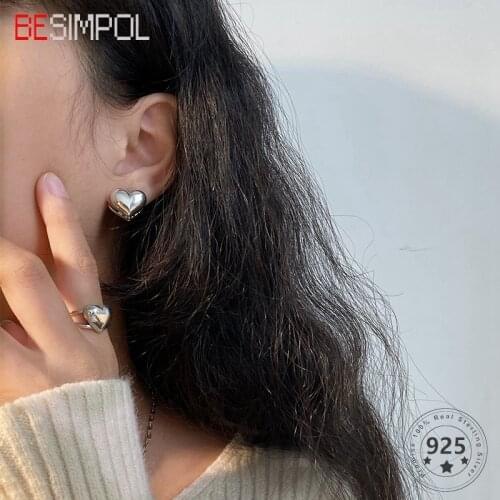 Besimpol 100% Real 925 Sterling Silver Heart Ring Fashion Korean Style Minimalist Open Rings For Women Luxury Fine Jewelry