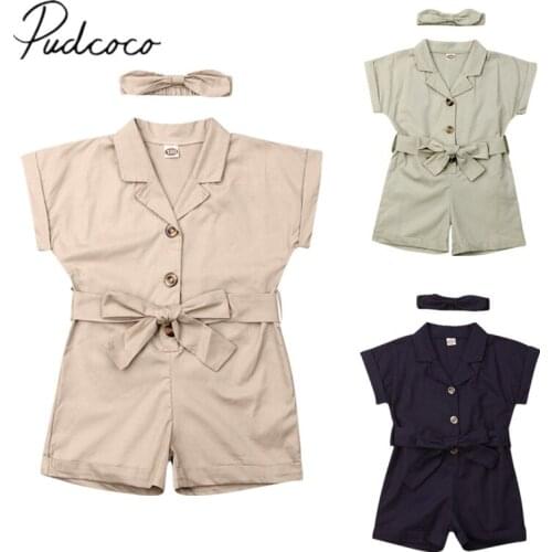 2019 Baby Summer Clothing Newborn Infant Baby Girl Solid Romper Sash Jumpsuit Headband 2Pcs Set Outfit OL Style Clothes 2-7T