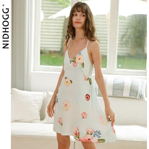 Summer Satin Nightdress Women Flower Breathable Halter Strap Sleeping Dress Viscose Nightgowns Sleeveless Vintage Sleepwear 2021