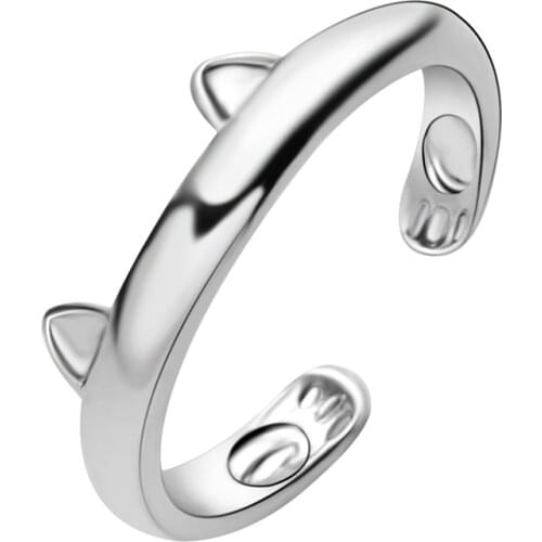 Cute Silver Color Cat Ear Open Rings For Women Fashion Metal Finger Girls Party Jewelry Adjustable Animal Cuff Ring Lovely