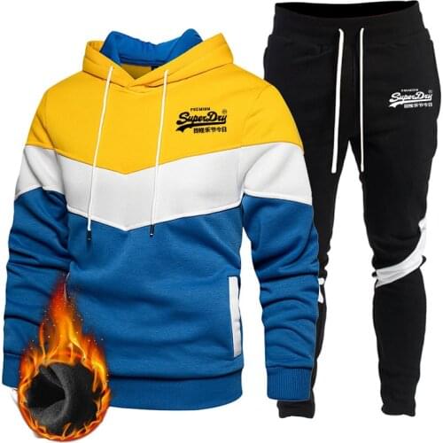 2021 Spring and Autumn Mens Suit Large Size Loose Sweater Hooded Set Fashion Patchwork Long Sleeve Casual Hoodie Set