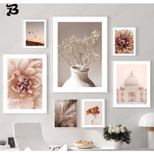 Landscape Wall Art Posters and Prints Nordic Warm Colors of Flowers, Trees and Buildings Wall Picture for Living Room Home Decor