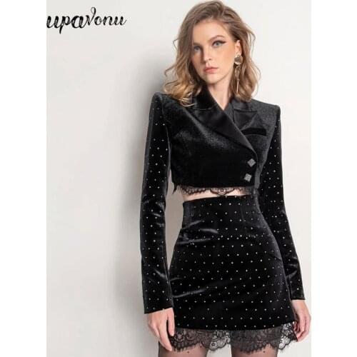 2020 New Womens Velvet Skirt Two-piece Slim Sexy Lapel Long Sleeve Lace Short Jacket & Short Skirt Club Party Shiny Skirt Set
