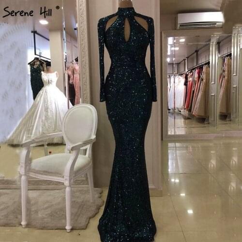 New Designer Green High Neck Sexy Evening Dresses 2020 Sequined Long Sleeves Luxury Evening Gowns Dubai Robe De Soiree BLA6314