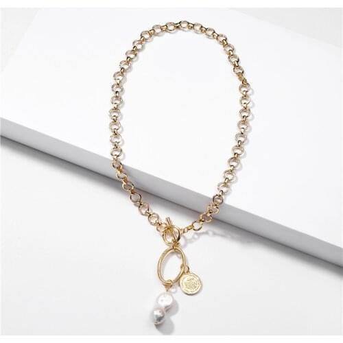 Gold Plating Thick Chain Necklace Baroque Freshwater Pearl Coin Pendant Necklace for Women
