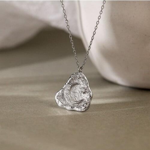 Real S925 Sterling Silver Irregular Triangle Cubic Zirconia Moon Pendant Necklace For Women Fine Jewelry, Simple Woman Necklaces