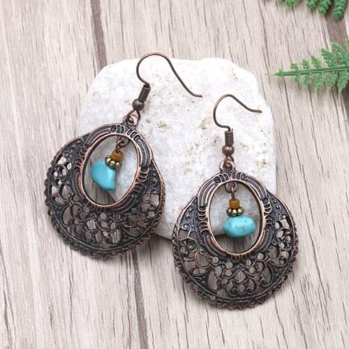 Hollow Flower Pendant Bohemia Earrings for Women Green Stone Vintage Earrings Retro Ethnic Jewelry Accessories Gifts Wholesale