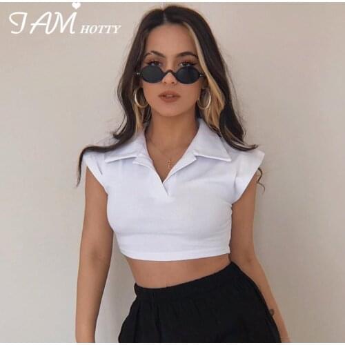 Casual Basic Solid Cotton T-shirt Women All-match Short Sleeve Cropped Top Tee Turn-down Collar Korean Slim Shirt White Iamhotty