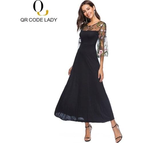 QR Slim Winter Autumn Dress Women 2018 Casual Plus Size Long Party Dresses Female Vintage Elegant Embroidery Lace Maxi Dress 5XL